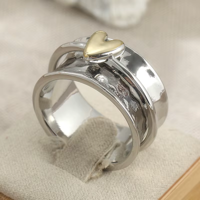 Bague large vintage pour femme, sculptée à la main en forme de cœur, en métal bicolore, géométrique,
