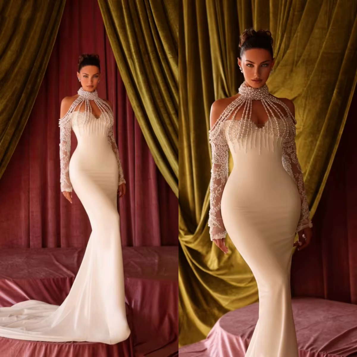 Robe de mariée sirène de créateur, col montant, sans manches, ornée de perles, traîne balayante, sur