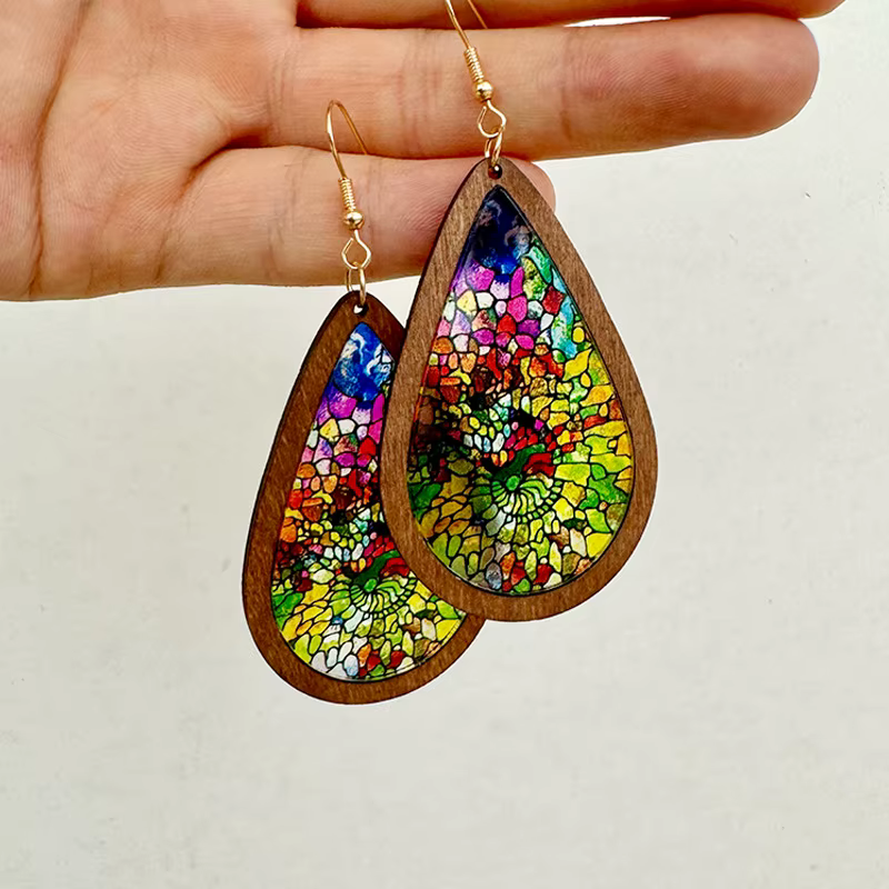 Boucles d'oreilles en mosaïque de verre coloré pour femmes, nouveau modèle 2024, motif kaléidoscope,