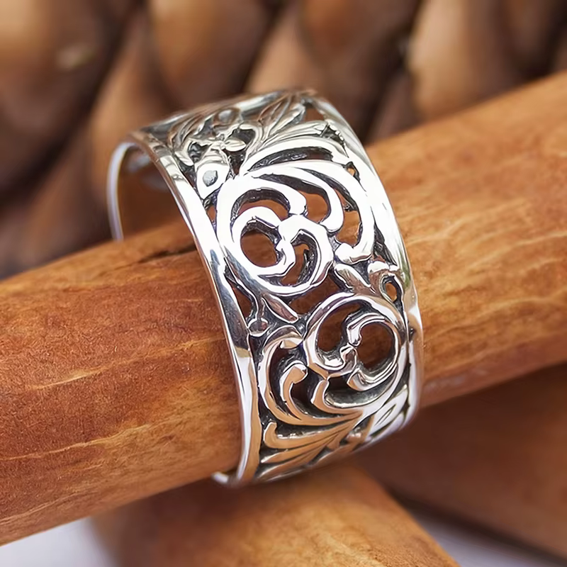 Bague Huitan ajourée motif feuille pour femme, couleur argent antique, style vintage, pour usage quo