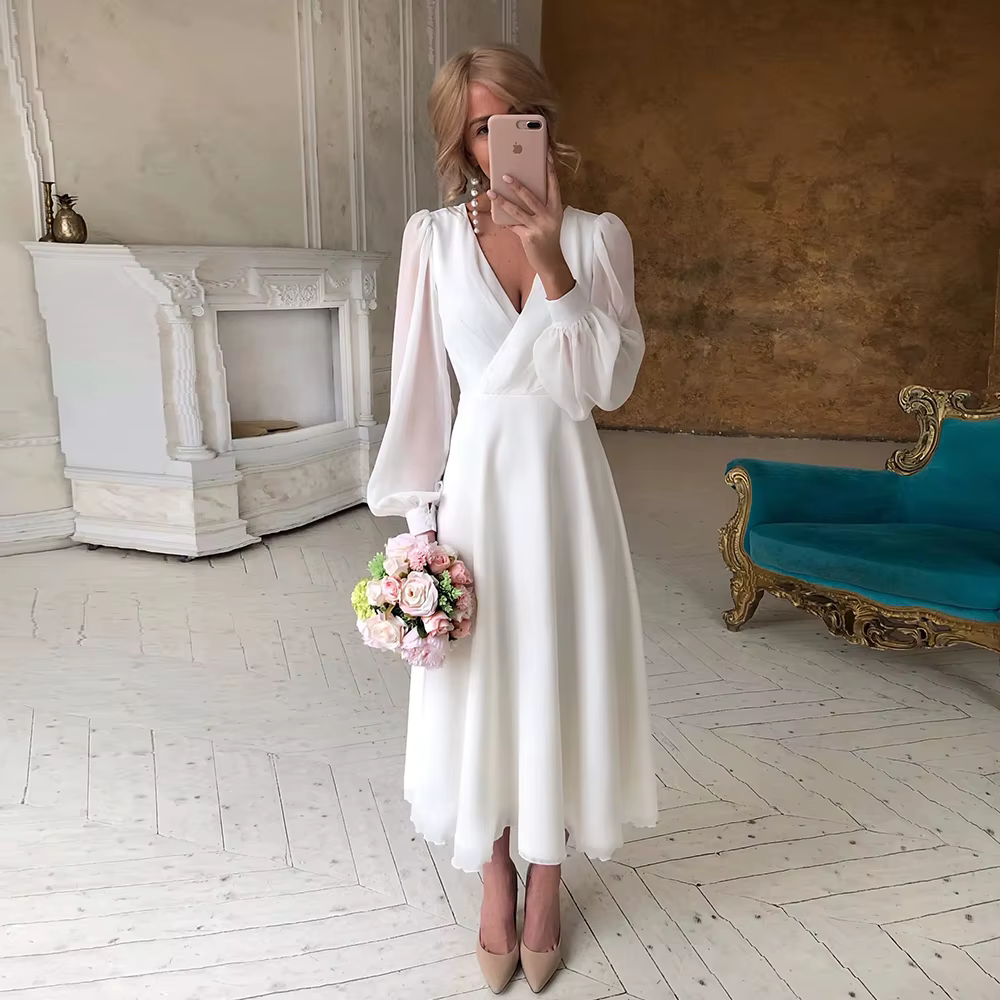 Robes de mariée en mousseline de soie pour femmes, col en V, manches longues, mariage simple, robes 