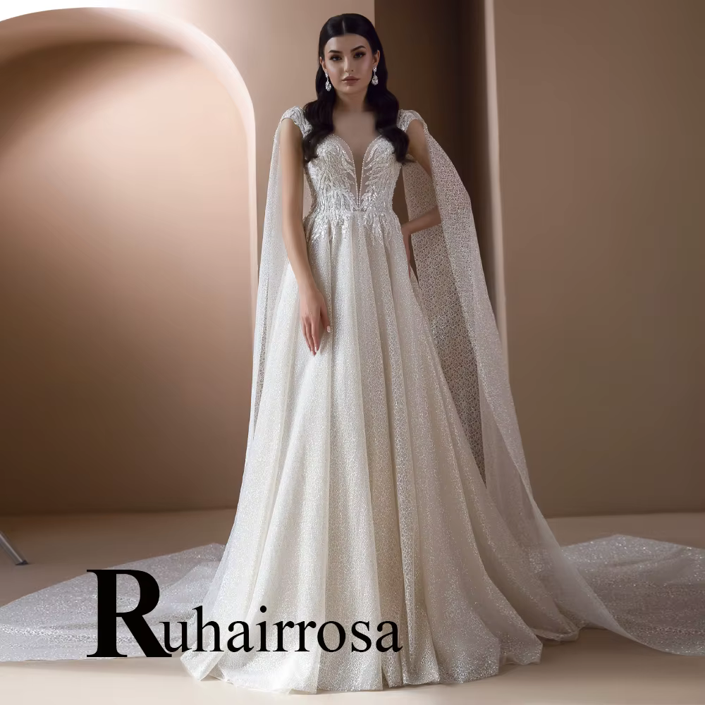 Ruhair – robe De mariée moderne, avec boutons, ligne a, manches cape, col rond, paillettes, personna
