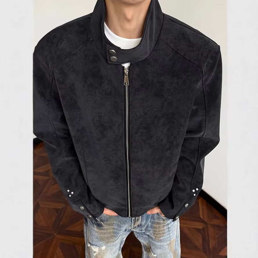 Veste courte en daim pour homme, veste de moto rétro, unisexe, surdimensionnée, pour couple, ton cha