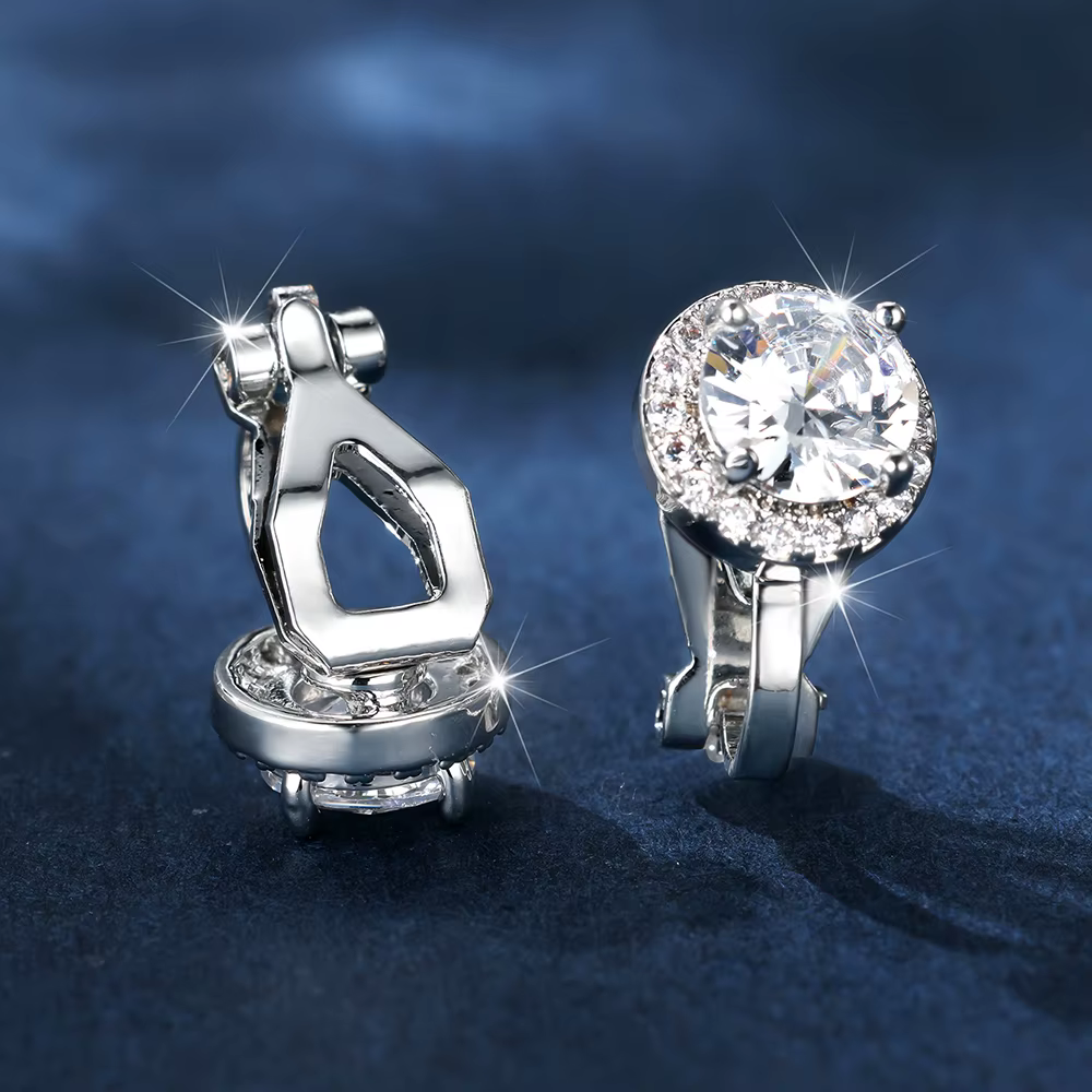 Boucles d'oreilles rondes en Zircon blanc pour femmes, couleur argent, Clips d'oreille de fiançaille