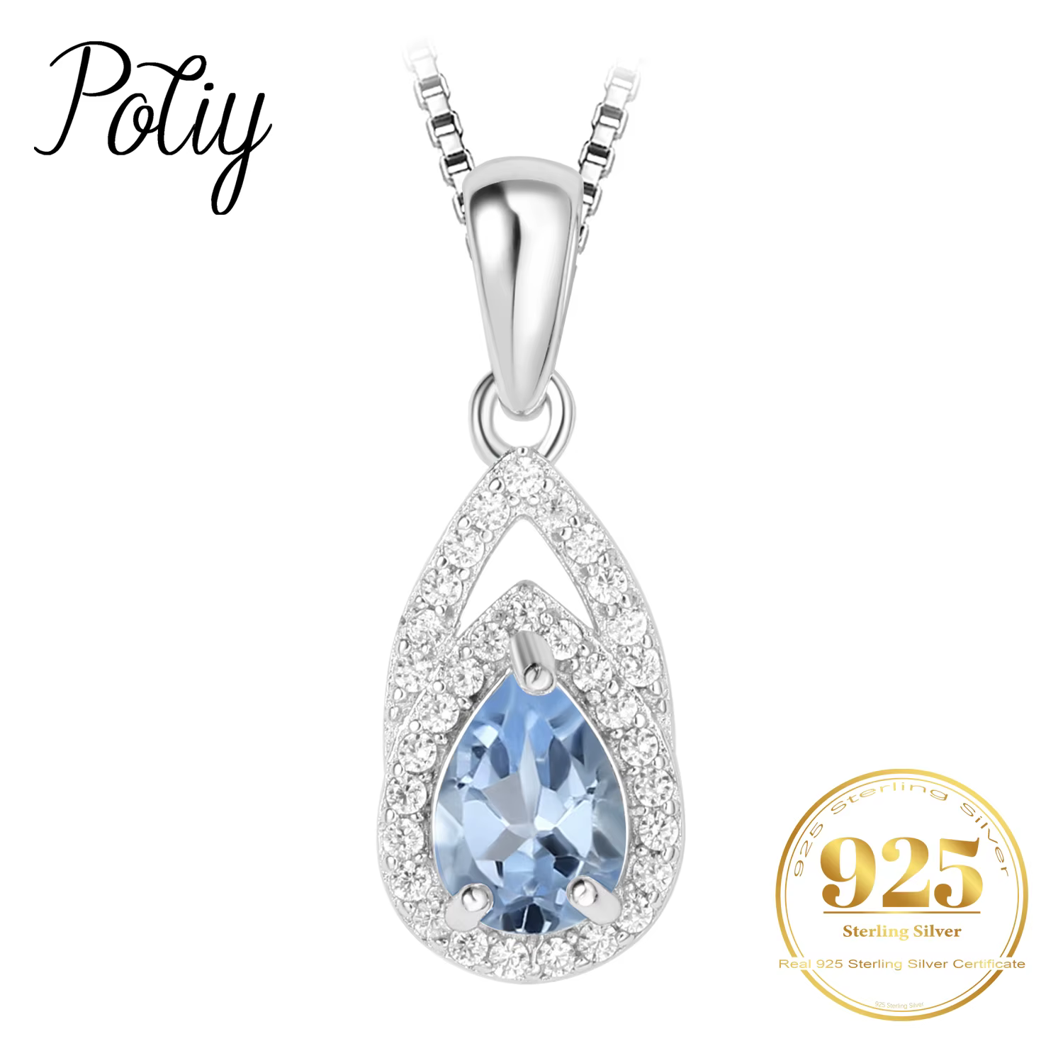 Potiy Pear – collier avec pendentif en topaze bleue naturelle, sans chaîne, en argent sterling 925, 