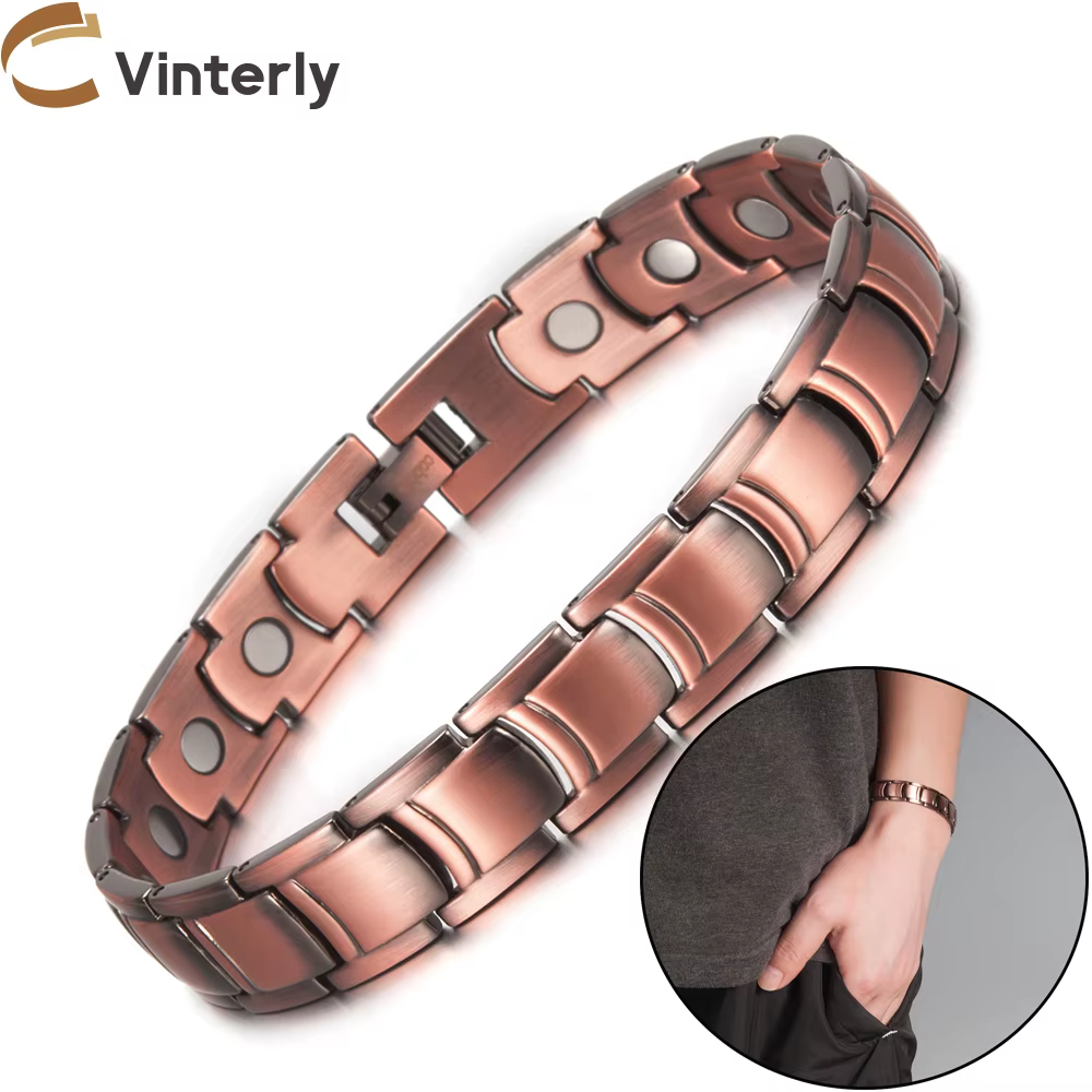 Vinterly – Bracelet magnétique en cuivre pur pour hommes, 12mm de large, thérapie magnétique en méta