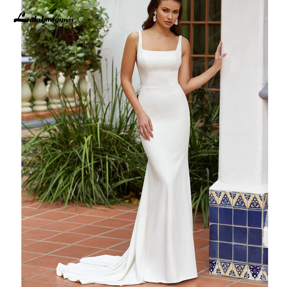 Lakshmigown longue crêpe col carré robes de mariée sirène balayage Train bouton dos robe de mariée p