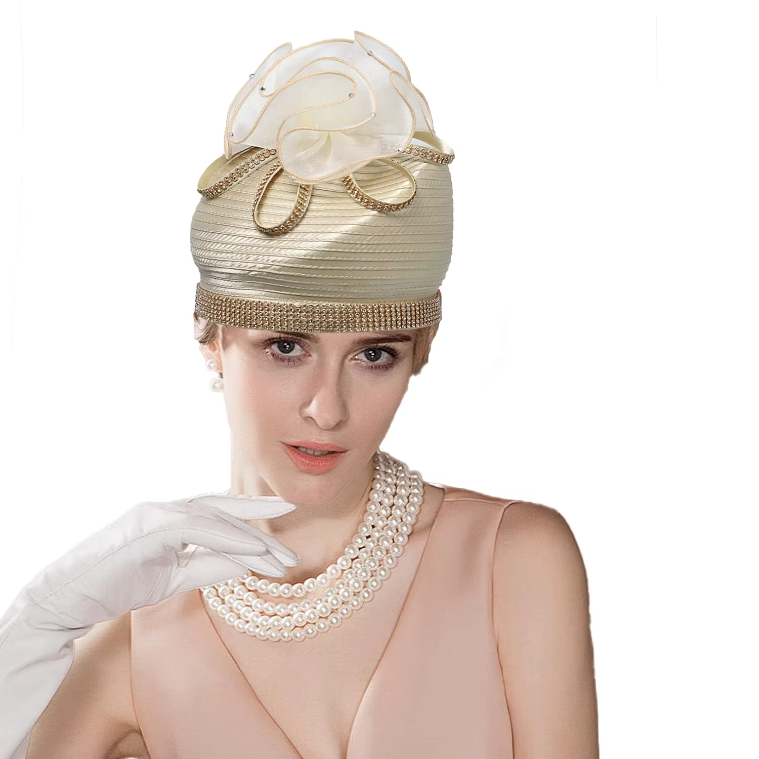 Chapeaux beiges d'église de mariage d'élasticité pour des femmes, fascinateur de fleur, coiffe éléga