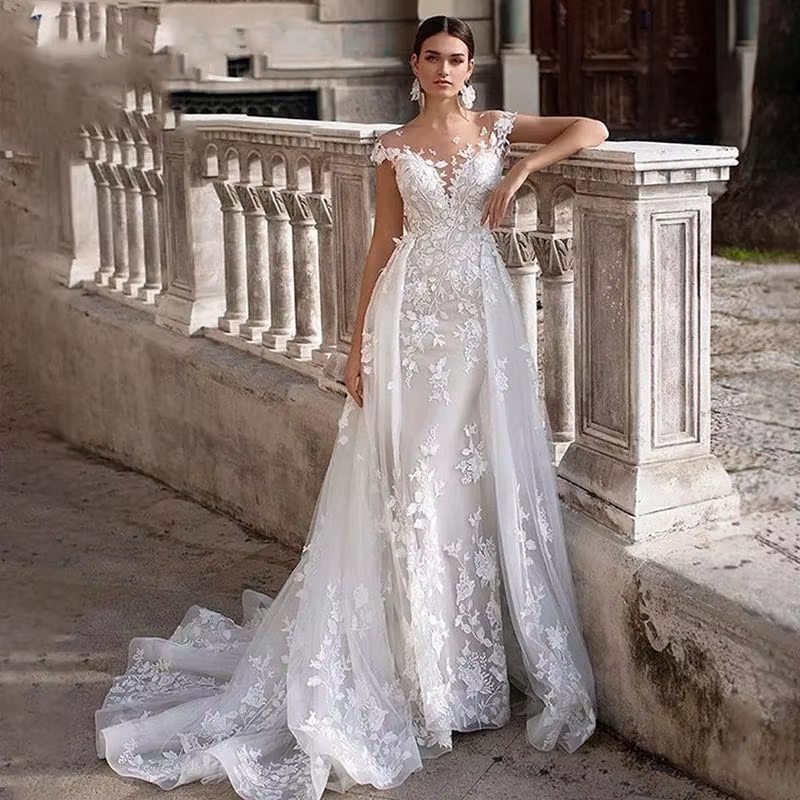 Robe de Mariée Personnalisée à Manches Courtes, avec Appliques en Dentelle, pour Patients Sirènes, a