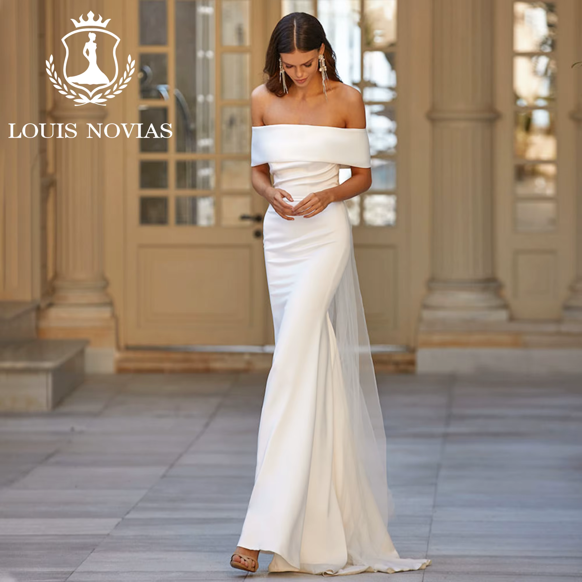 Modiis-Robe de mariée sirène simple pour femme, robe de mariée mince, col bateau hors initié, haute 