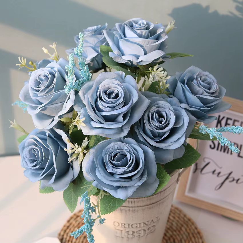 Bouquet de fleurs artificielles, 9 têtes de roses, bouquet de mariée, fête de mariage, décoration de