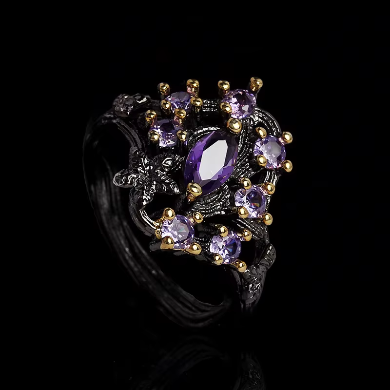 Mn-Bague Fleur Bicolore pour Femme, Bague Élégante, Violet, Noir et Or, Haute Qualité, Bijoux de ix,
