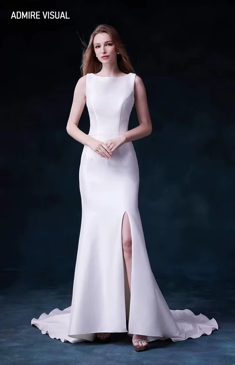 Robe de mariée sirène en satin, col bateau, fibre avec fente inférieure, sur mesure, plus une robe é