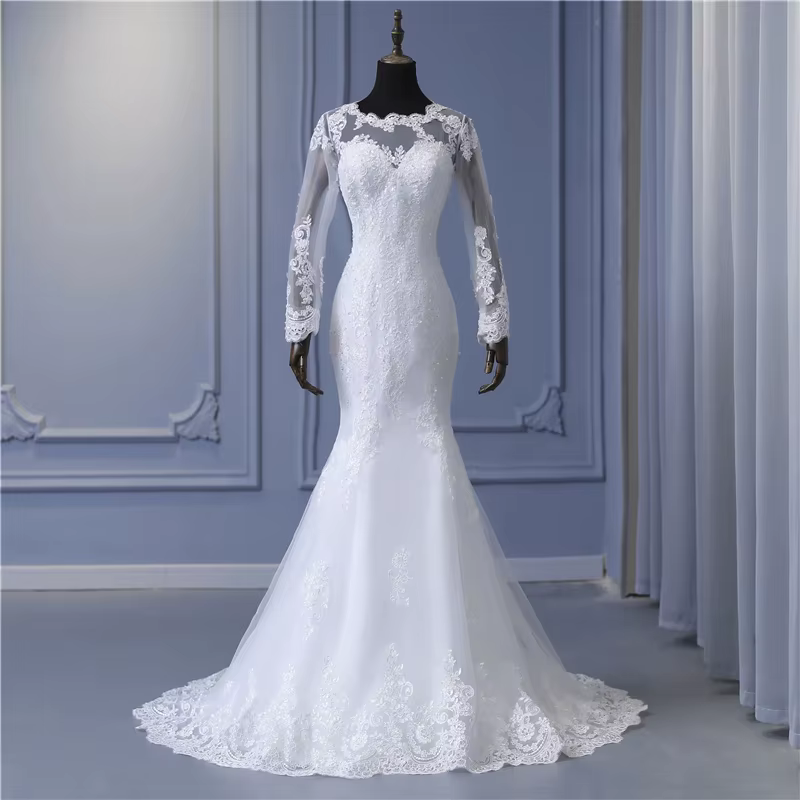 Y & M Sexy Illusion sirène robes De mariée dentelle Appliques perlée robe De mariée Court Train dos 