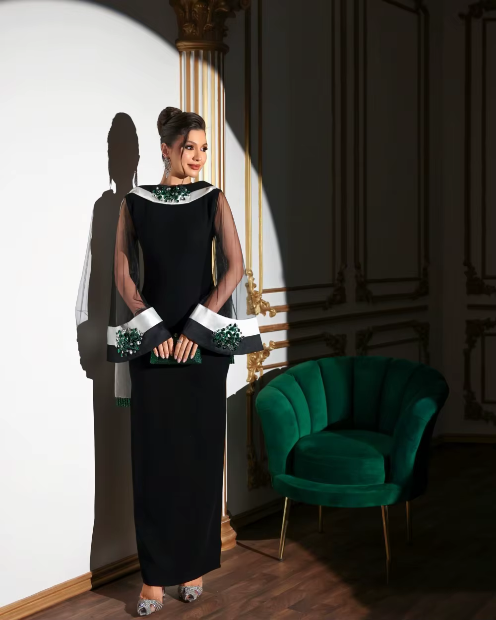 Robes de soirée personnalisées en jersey noir et blanc, exquises, formelles, avec strass, perles et 