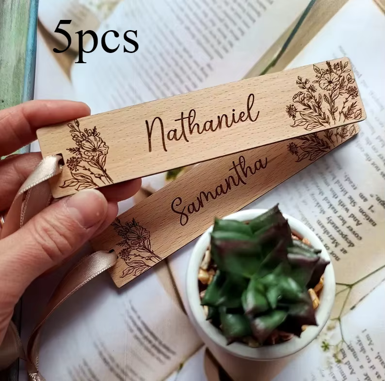 Marque-page de mariage personnalisé en bois, 5 pièces, cadeaux avec nom personnalisé gravé, cartes d