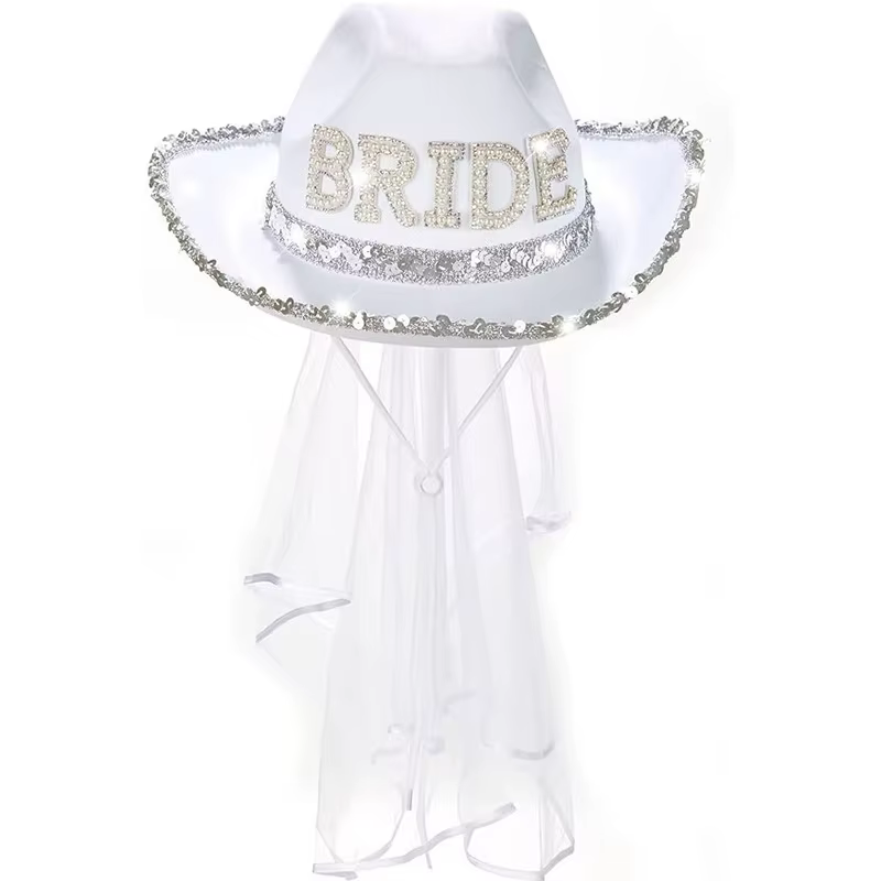 Chapeau en denim blanc avec voile pour future mariée, décoration de mariage, douche de patients, fia