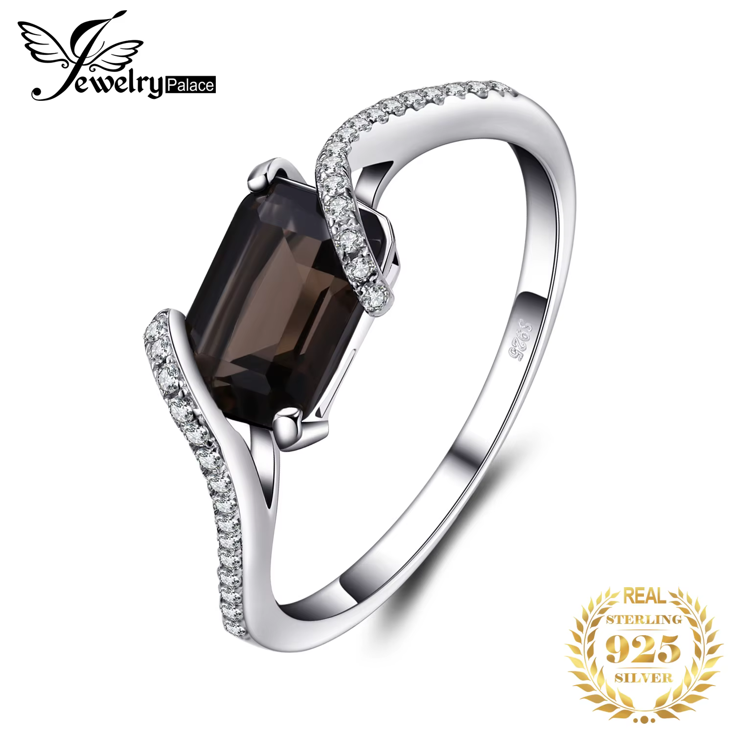 JewelryPalace 1.7ct taille émeraude véritable Quartz fumé 925 bague en argent Sterling pour femme ma