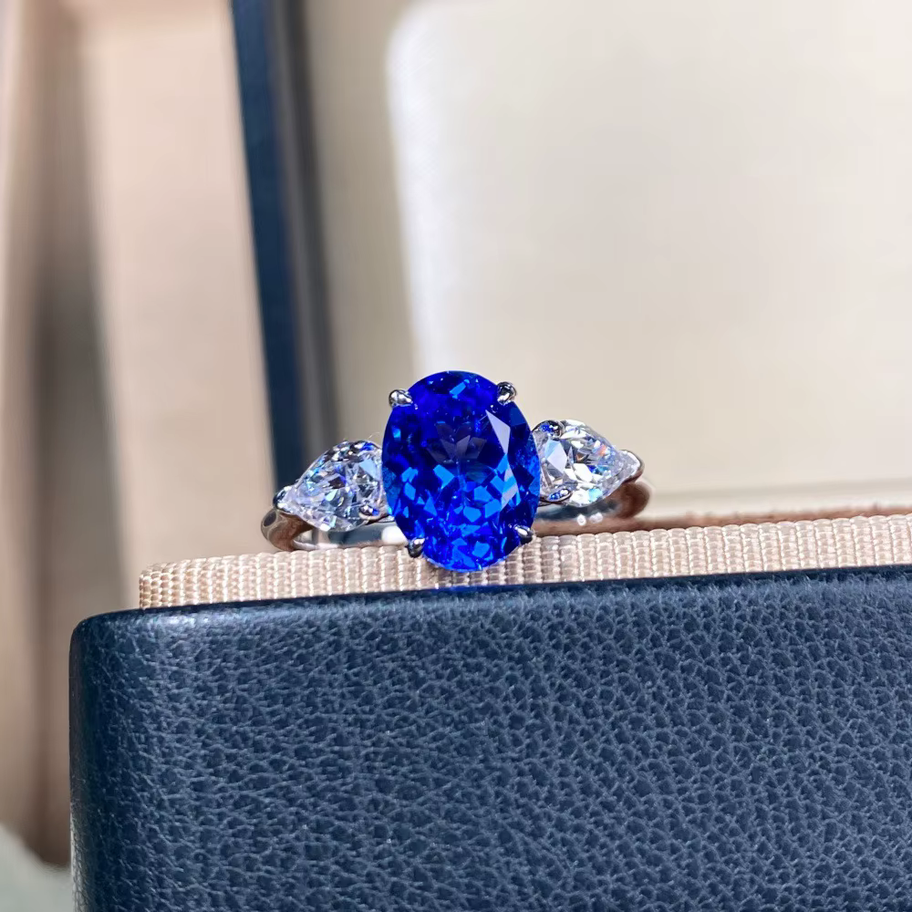 Bague en saphir ovale 2CT 7X9mm, pierre précieuse, or blanc massif 18 carats, diamant bleu fin, bagu