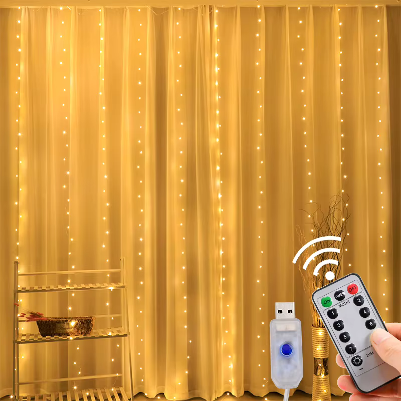 Rideau LED Guirlandes 3x1m lumière chaude télécommande chambre vacances mariage noël décoration fée