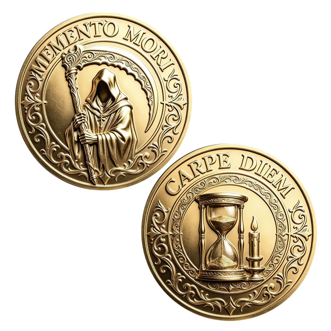 Memento Mori Carpe Diem Grim Reaper Hourglass Gold Plated Metal Coin Stoicism Collectible Commemorat