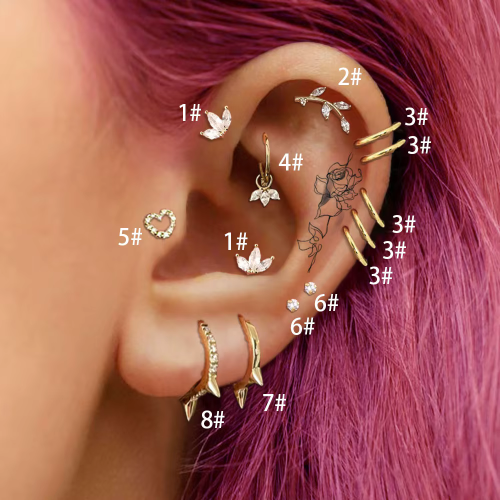 Boucle d'oreille piercing en acier inoxydable pour femme, couronne, cuir chevelu, coeur, tour, hélic