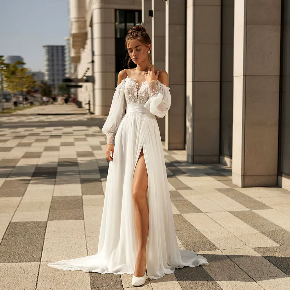 Robes De mariée sans bretelles à la mode pour femmes, fente latérale, épaules dénudées, Tulle doux, 