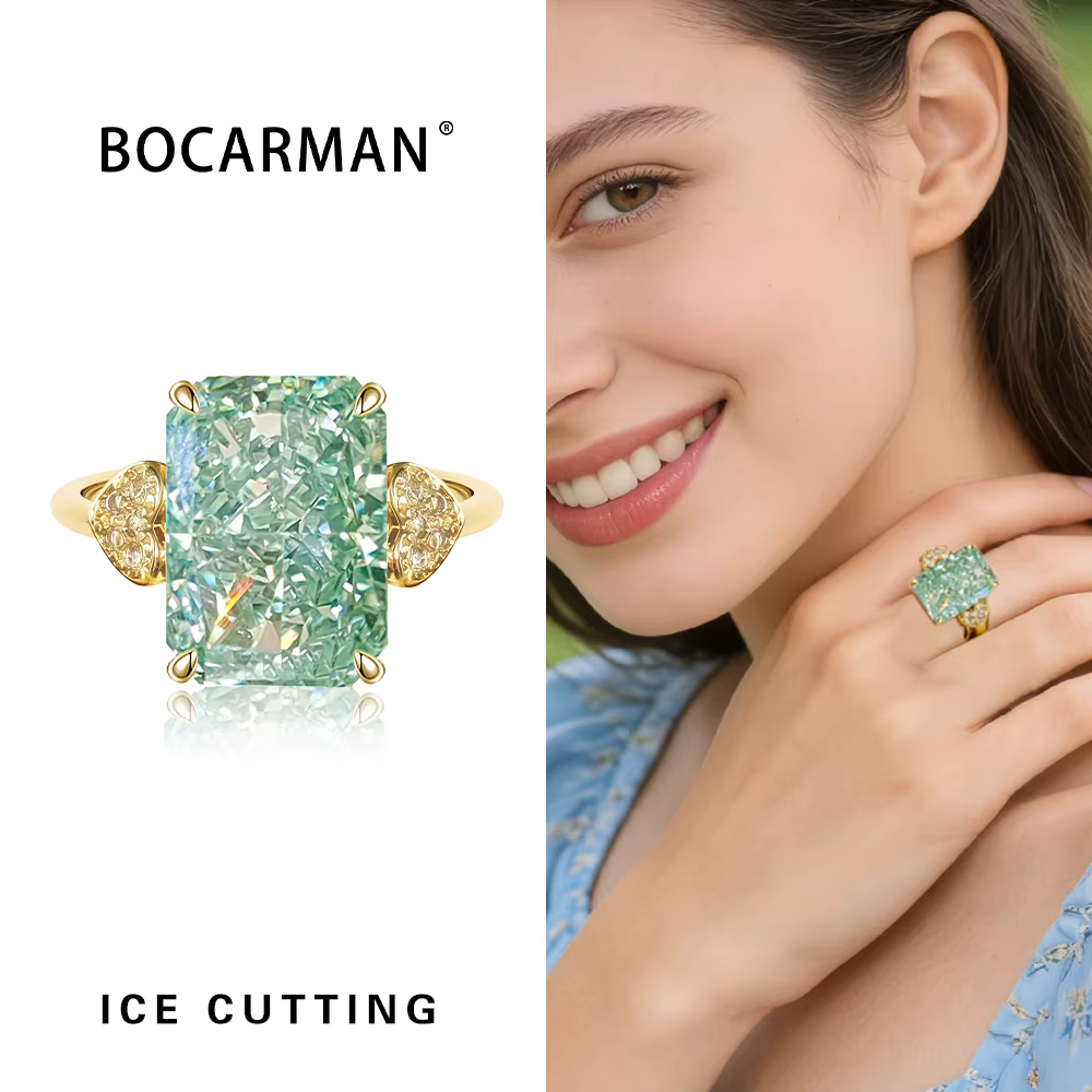 BOCARMAN – bague en zircon vert menthe pour femmes, bague de mariage rectangulaire en cuivre, style 