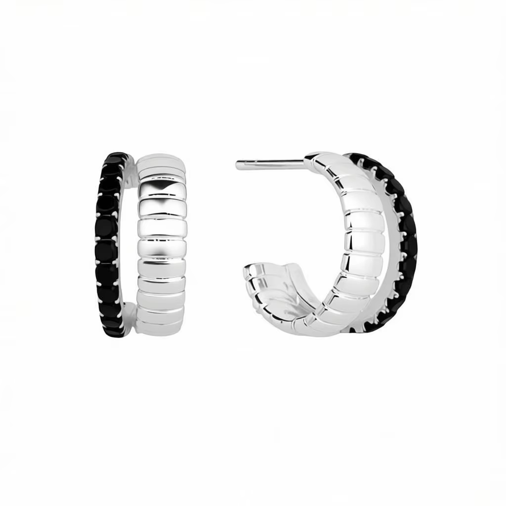 Boucles d'oreilles clous simples couleur argent chaud avec pierre spinelle noire en forme d'étoile, 