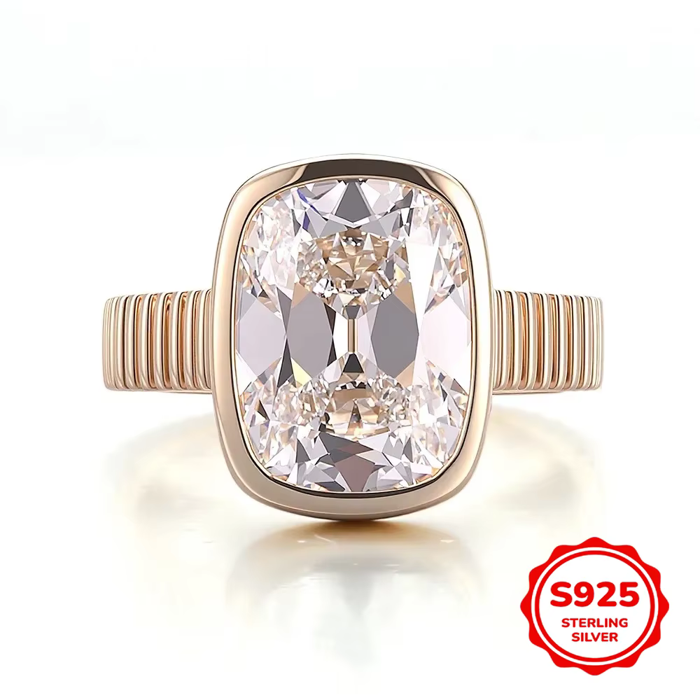 Bagues de fiançailles en or rose massif 18 carats pour femmes, avec moissanite taille coussin allong