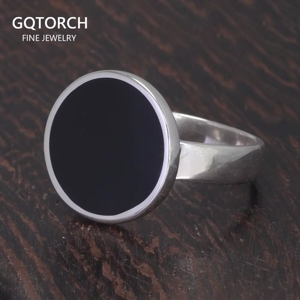 Bague en argent regardé 925 pur, bague ronde simple, gel noir Türkiye, bijoux fins minimalistes pour