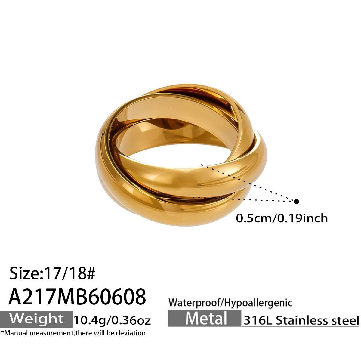 Bague classique à trois bandes entrelacées en acier inoxydable 316L plaqué or 18 carats, résistante 