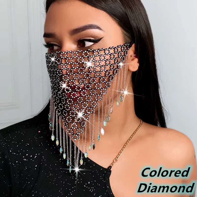 Masque facial en strass brillant, voile à pampilles scintillantes, réutilisable, en métal et cristal