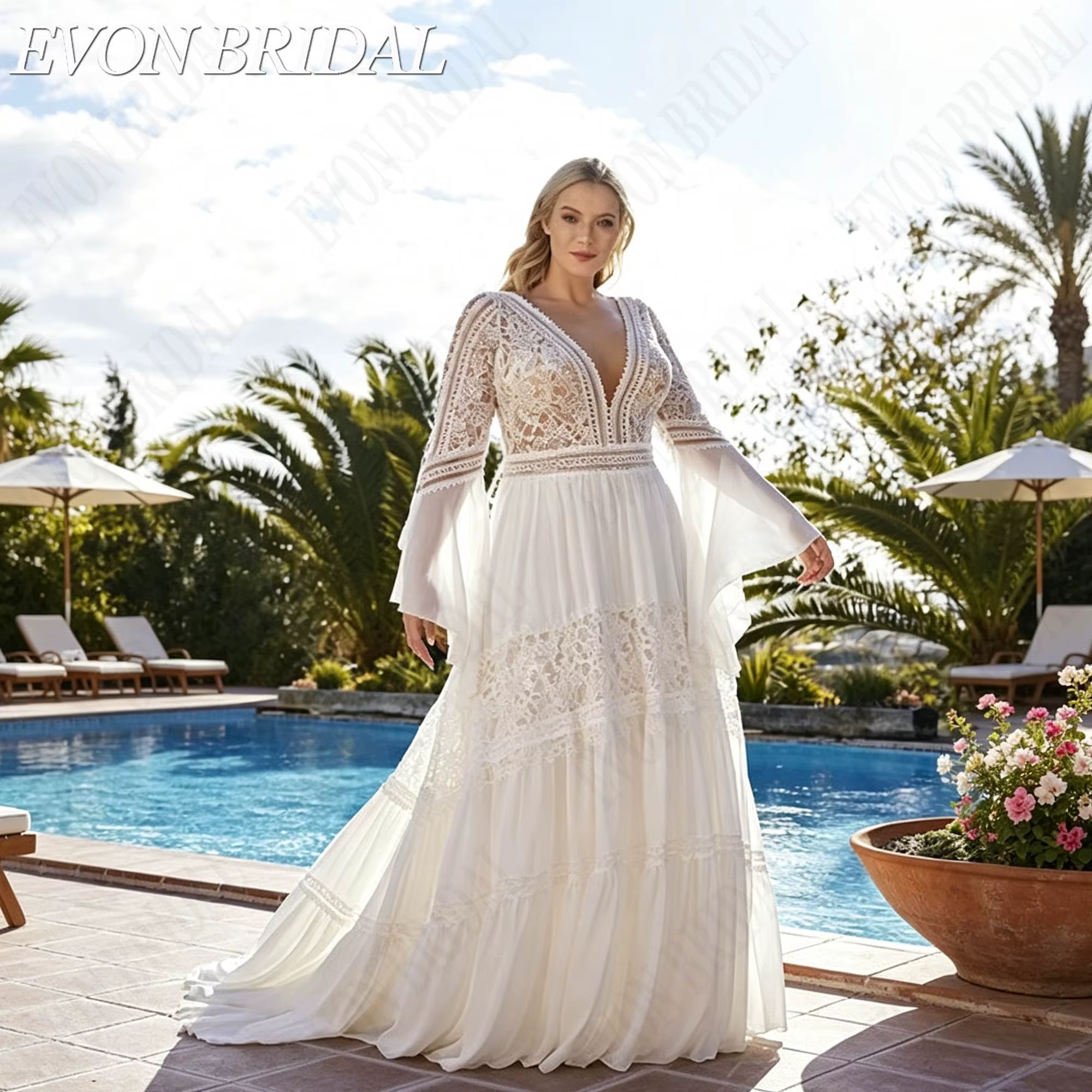 EVON BRIDAL Robe de mariée en mousseline bohème à col V, manches évasées en dentelle coupe A pour fe