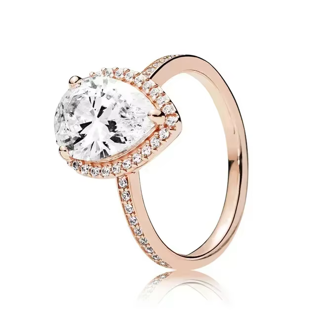 Bague élégante en or rose 925 avec grand zircon, logo 100% argent sterling 925, jolie bague