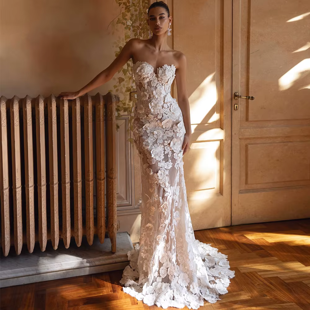 Robe de mariée élégante sirène sans manches, ornée de fleurs et de perles faites à la main, en tulle