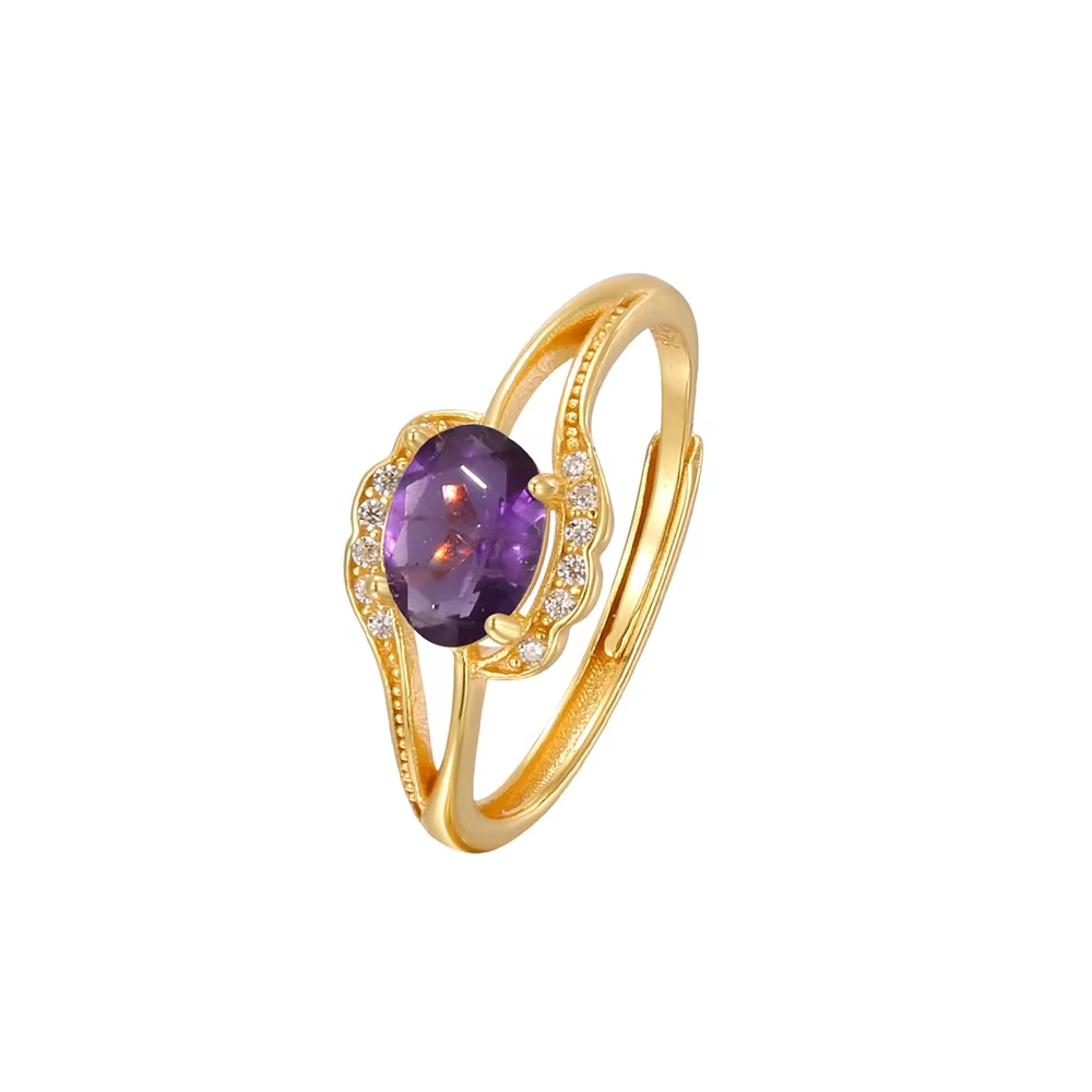 Bague en Améthyste Naturelle en Argent 925 Plaqué Or K pour Femme, Anneaux de Naissance Ajustables e
