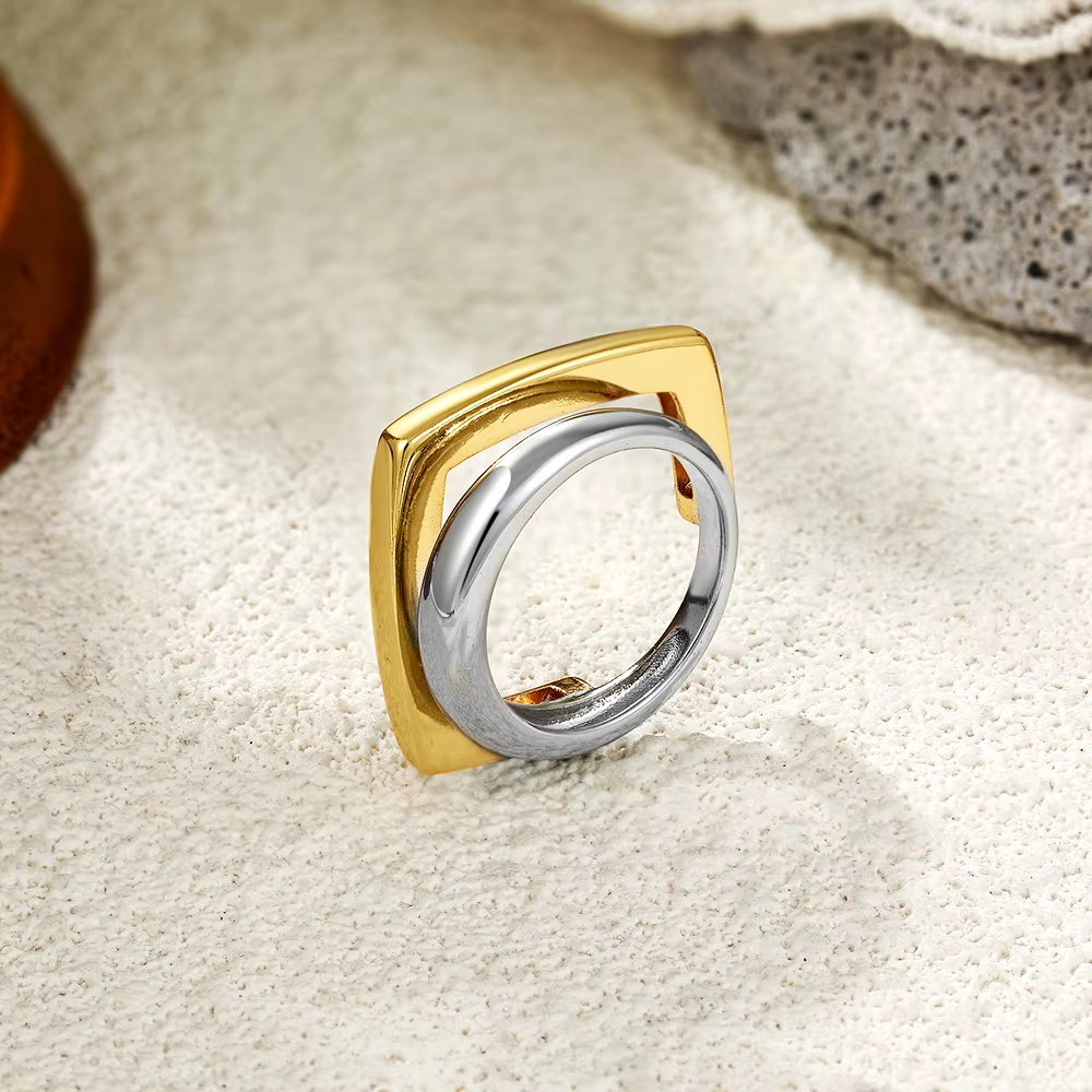 Bague géométrique Double couche en acier inoxydable, mélange de couleurs or argent, Design carré ron