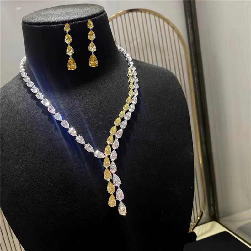 Foyimagination-Ensembles de bijoux en diamant jaune et blanc pour femmes, tour de cou long en forme
