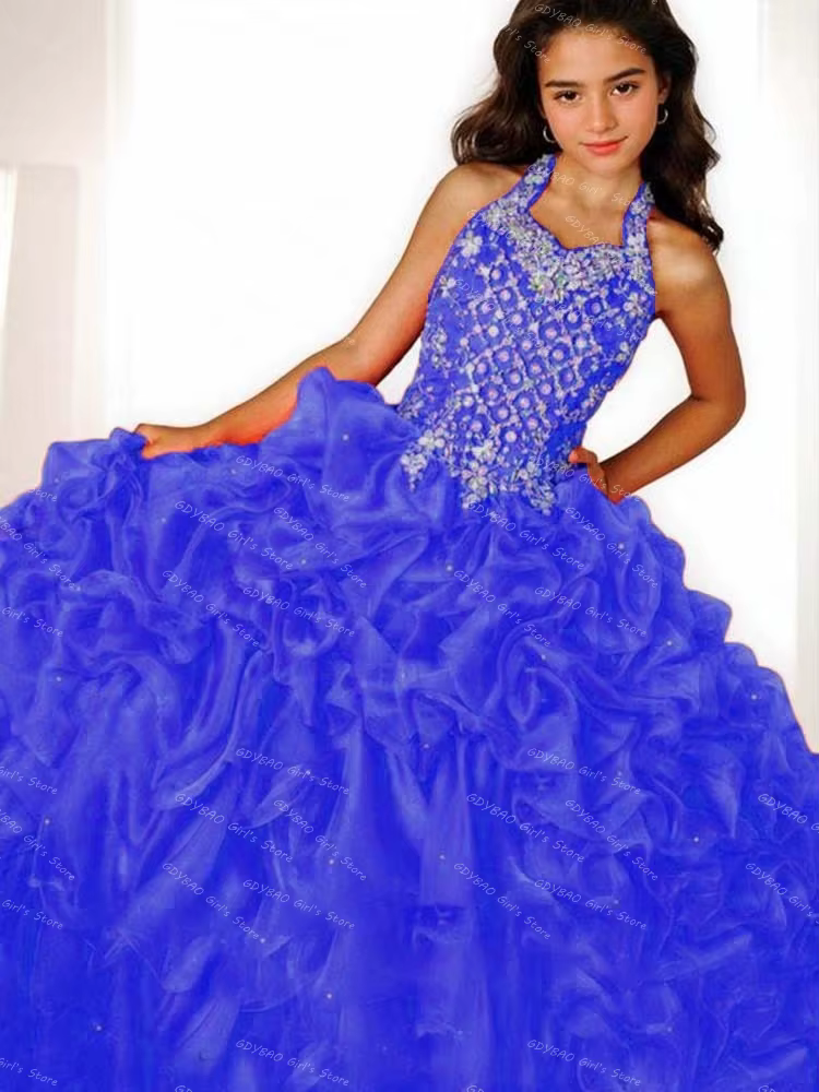 Robe de concours personnalisée pour filles, en Organza à plusieurs niveaux, à fleurs, col licou, per
