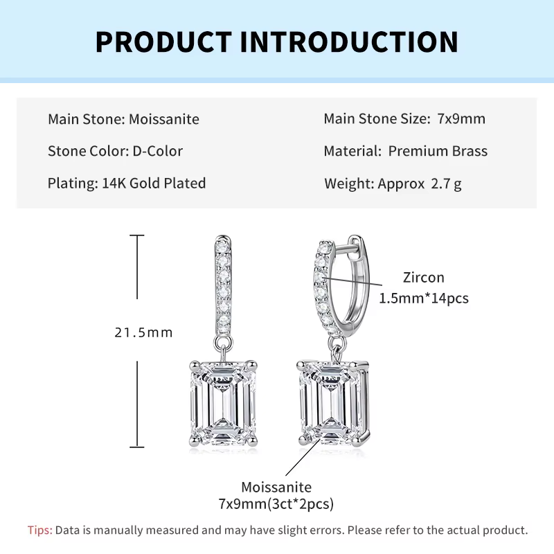 Rrjzz Boucles d'oreilles pendantes en moissanite taille émeraude 7x9mm, délicates, 3 carats, imitati