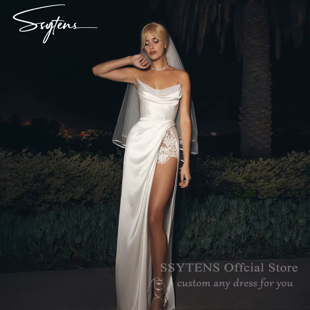 SSYTENS Robes de mariée sirène pour femmes, sans manches, en satin, longues, avec fente sexy, dos co