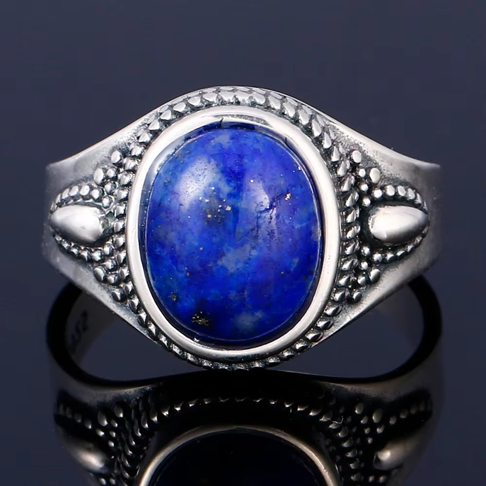 Bague rétro ovale en lapis-lazuli naturel pour femmes et hommes, bijoux fins plaqués argent 925, cad