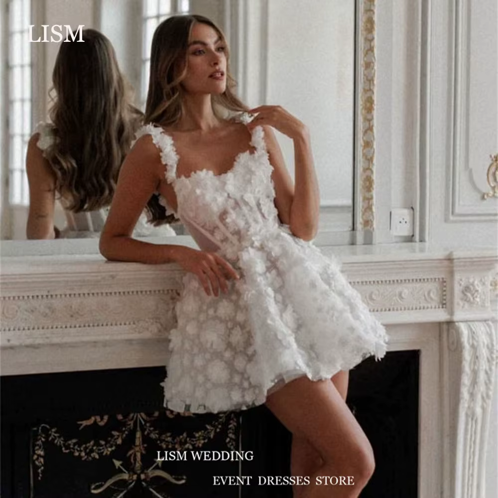 LISM-Mini Robe de Mariée Courte à Fleurs 3D de Luxe, Bretelles Larges, Ligne A, pour Patients, Corse