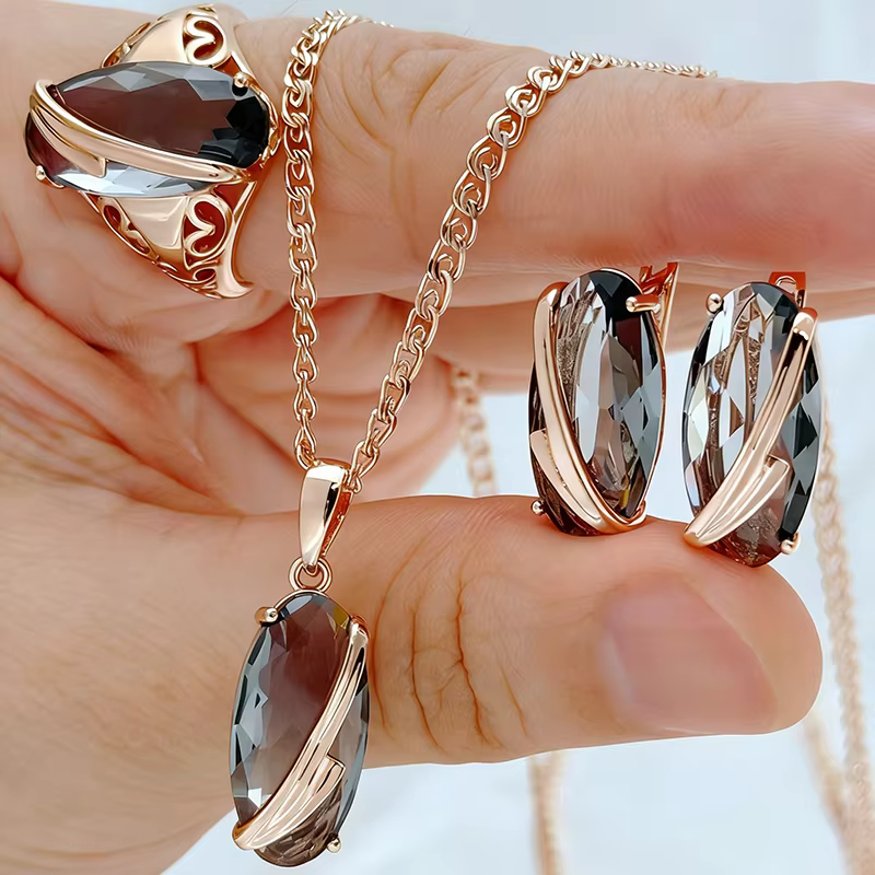 Kinel – ensemble de bijoux en Zircon naturel gris pour femmes, bague, boucles d'oreilles, collier, c