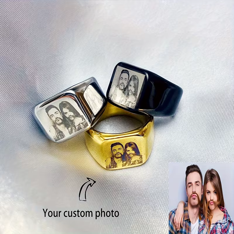 Bague en acier inoxydable gravée sur mesure avec photo, bague gravée personnalisée, bijoux pour homm