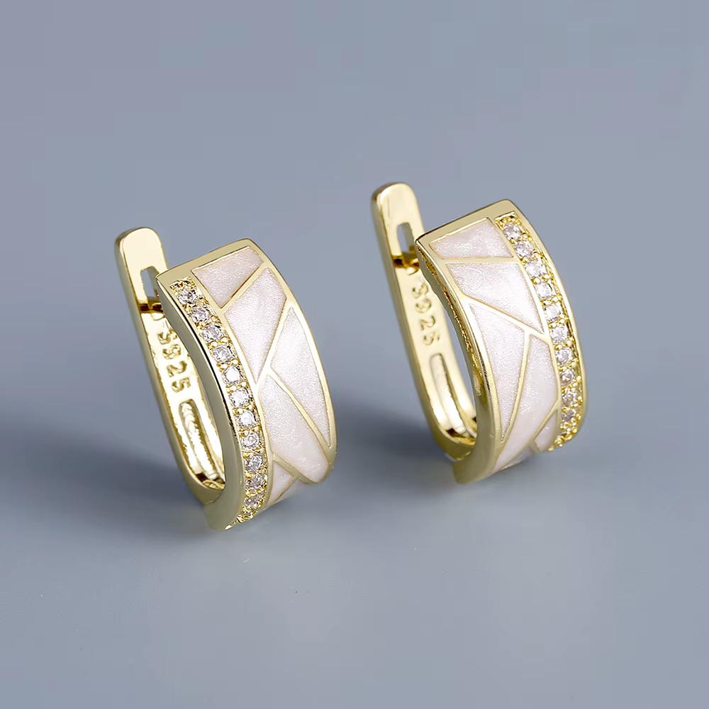Boucles d'oreilles classiques blanches plaquées argent 925 pour femmes, bijoux en émail faits à la m
