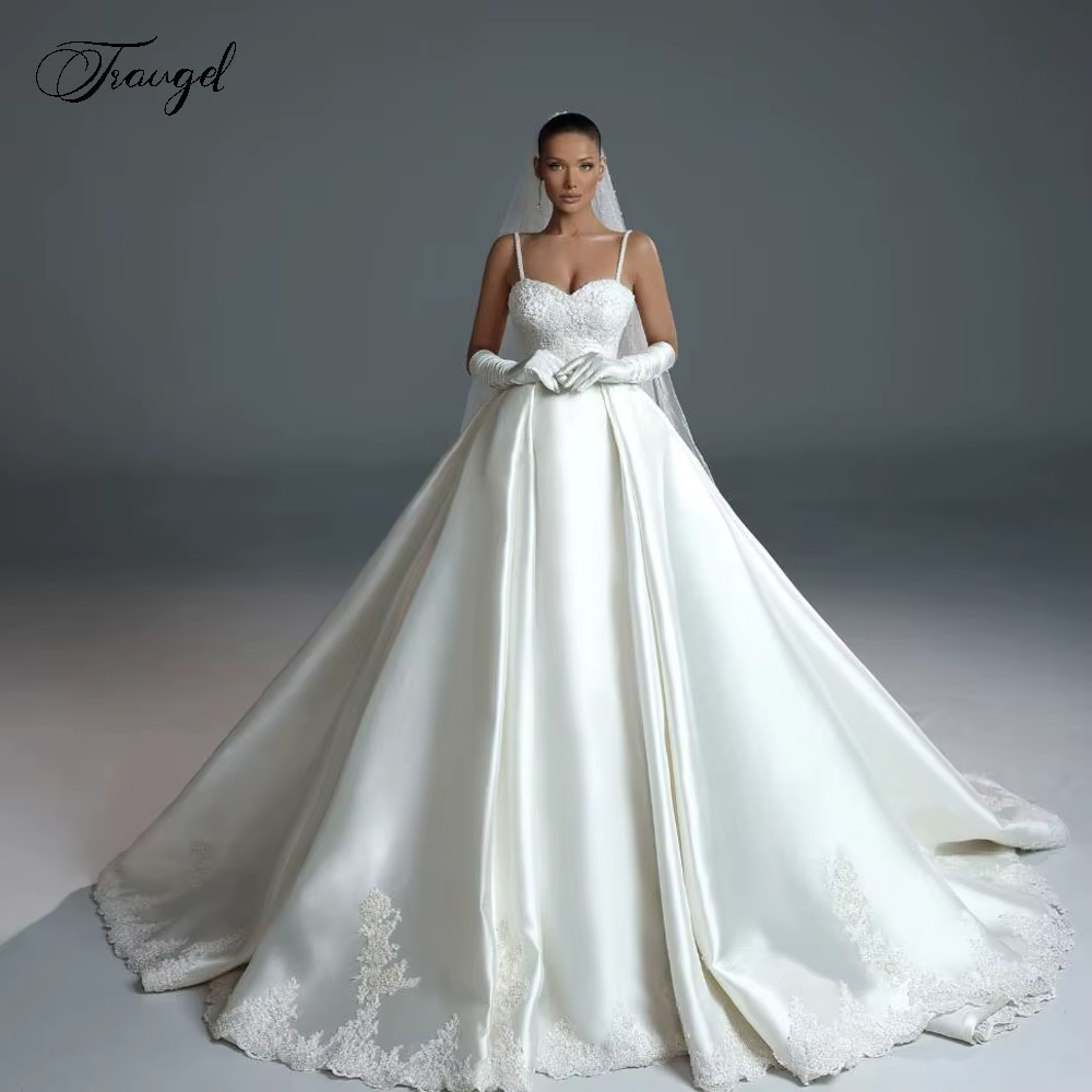 Robe De mariée trapèze Vintage personnalisée, en dentelle brodée, en Satin mat, pour femmes