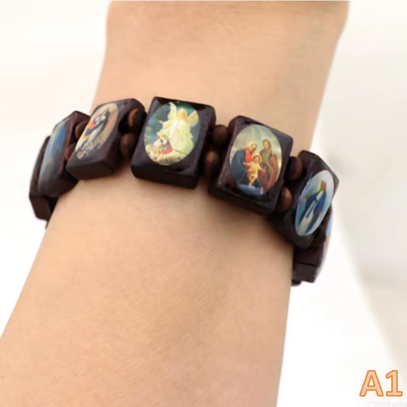 Bracelet chapelet en bois - Élégants autocollants d'icônes religieuses, finition émail goutte d'huil