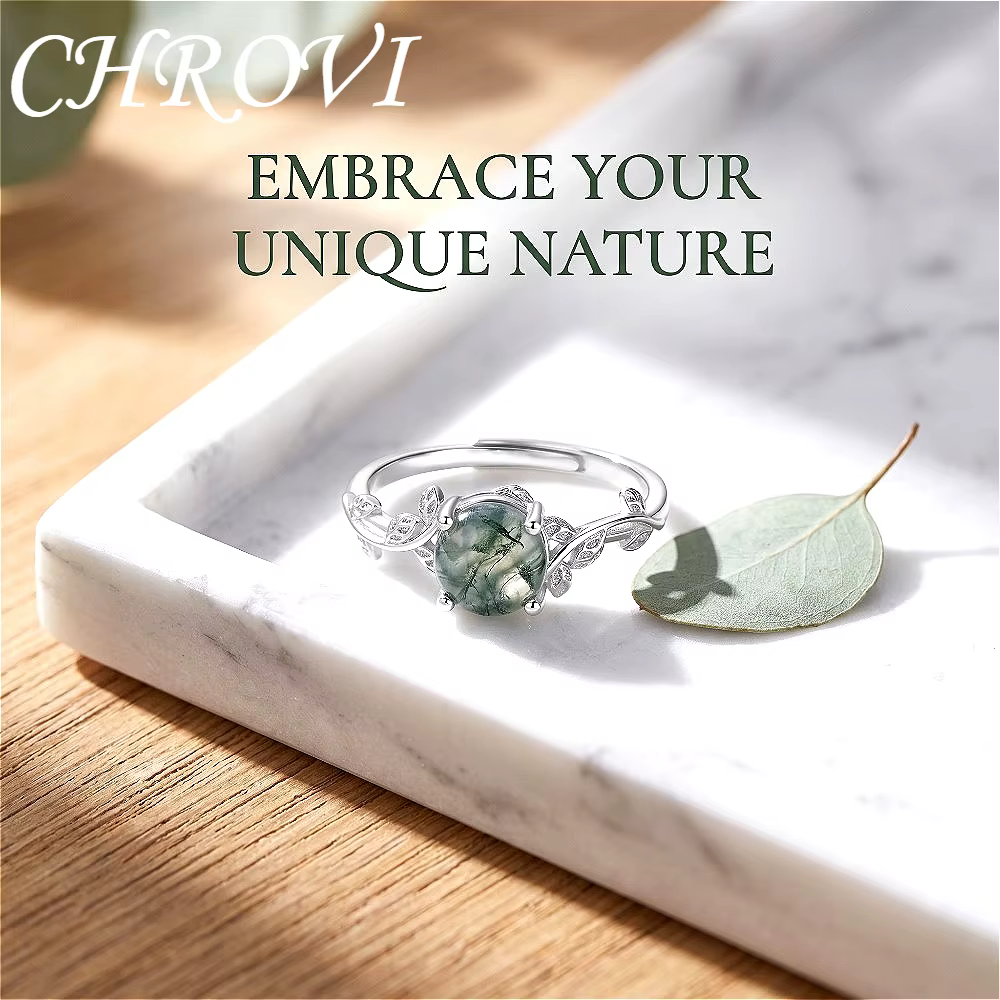 Nouvelle bague de luxe légère en argent sterling 925 avec pierre d'agate mousse verte, bijou pour fe